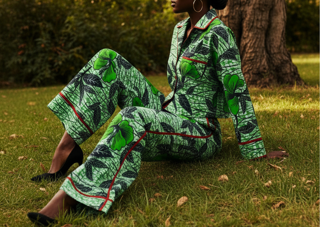 A young model wearing a floral green outfit by Maison Aria, sitting on a lawn