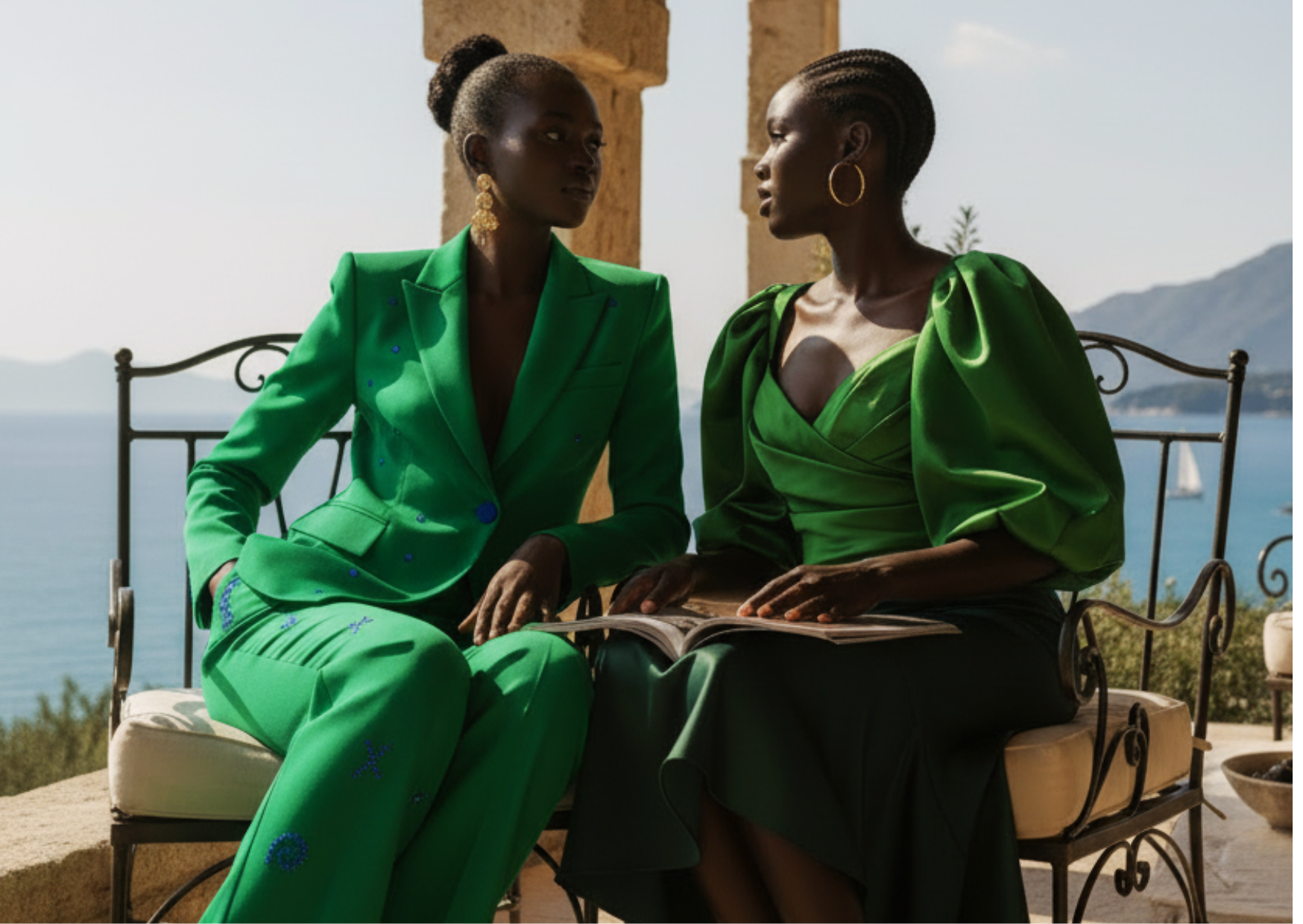 Two young women in green outfits sitting side by side