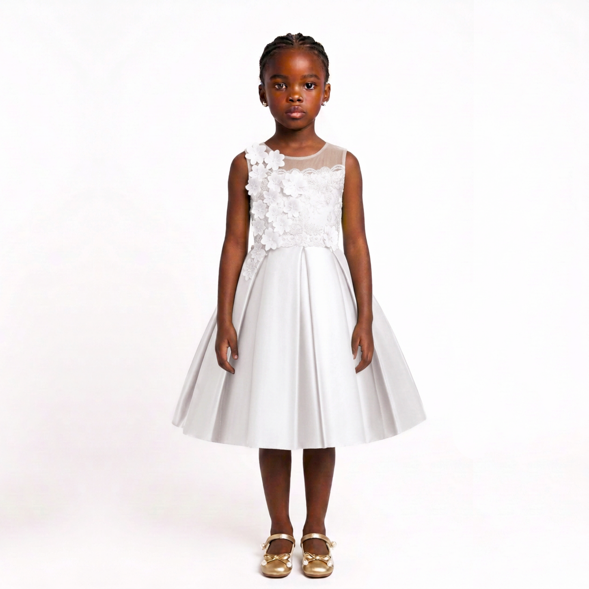 A young girl stands against a plain white studio background wearing a sleeveless white dress with a sheer floral bodice and a full skirt, paired with metallic gold shoes.