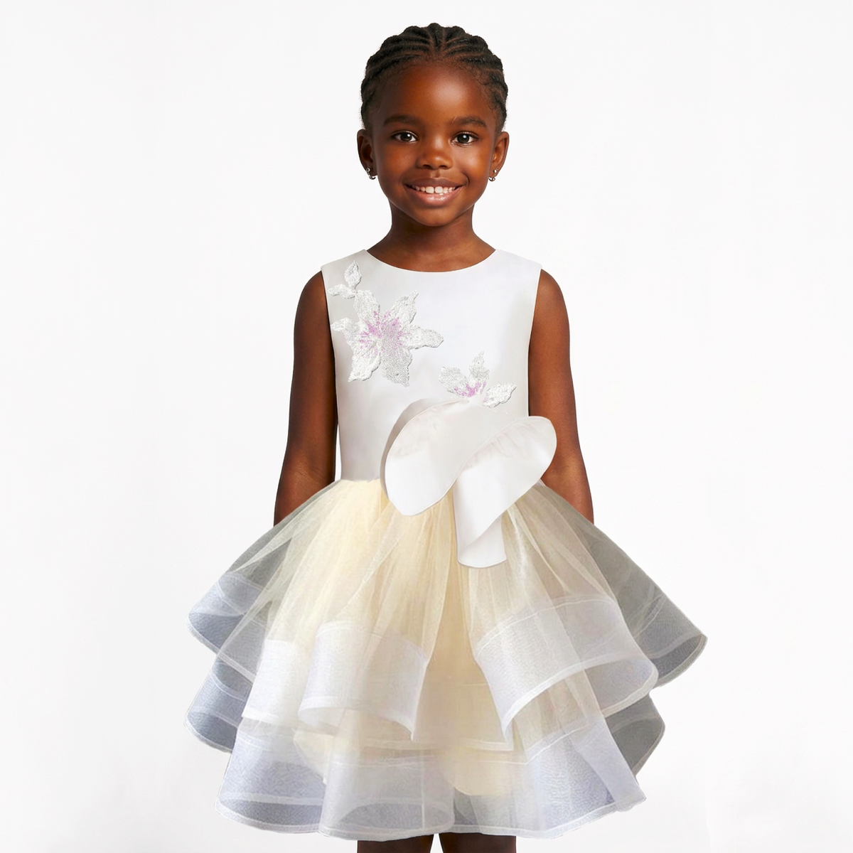 A young girl with braided hair is wearing a sleeveless white dress with a large white bow at the waist and a layered tulle skirt in white and pale yellow. She is standing against a plain white studio background.