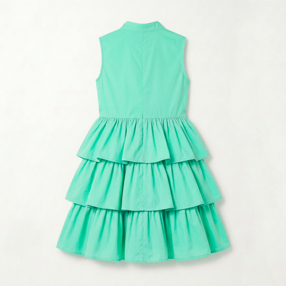 A mint green sleeveless tiered dress with a mock neck, shown from the back against a plain white background.
