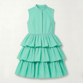 A mint green sleeveless tiered dress with a high mock neck and button front, displayed flat against a light off-white background.