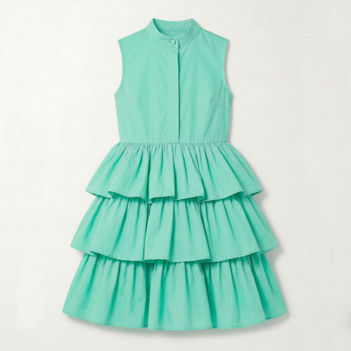 A mint green sleeveless tiered dress with a high mock neck and button front, displayed flat against a light off-white background.