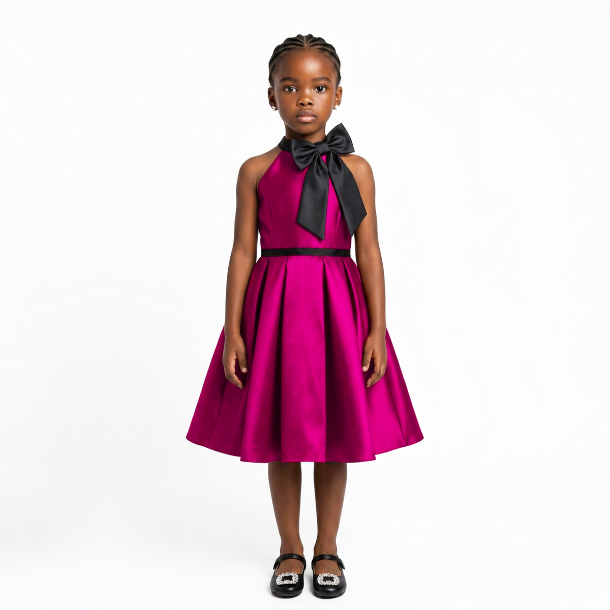 A young girl stands against a plain white studio background wearing a bright fuchsia sleeveless dress with a large black bow at the neckline, a thin black waistband, and black flat shoes with silver accents.