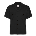 Black short-sleeve shirt with button details on a white background