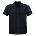 Black short-sleeve shirt with button details on a white background