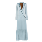 Light blue dress with black trim on a white background