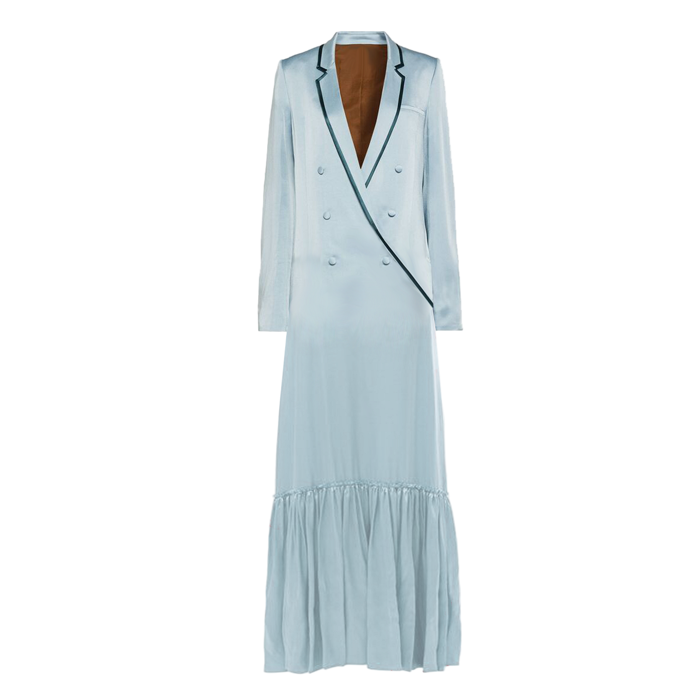 Light blue dress with black trim on a white background