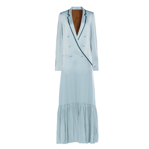 Light blue dress with black trim on a white background
