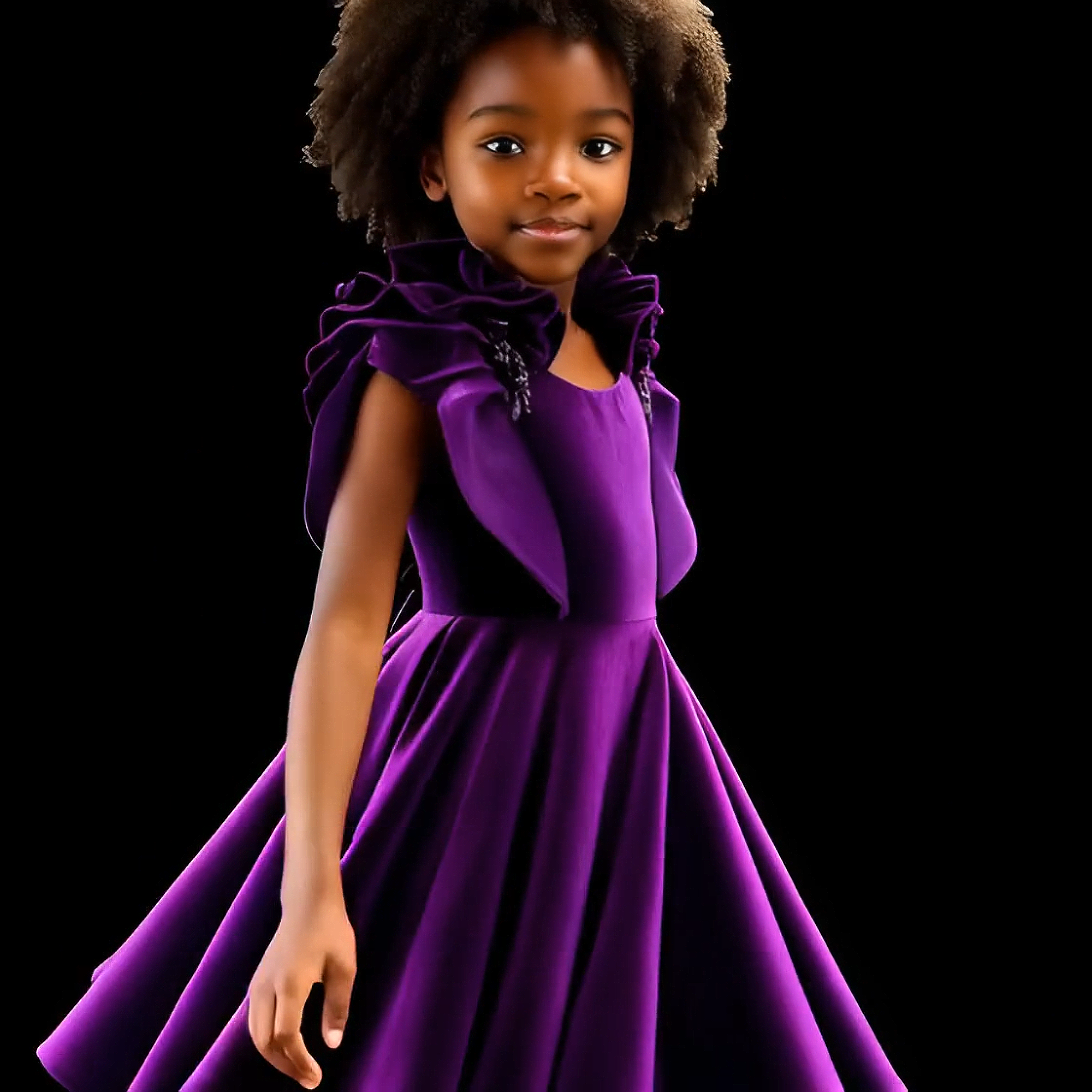Young girl wearing a purple dress with a black background