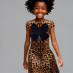 Child wearing a leopard print dress with a large black bow on a gray background