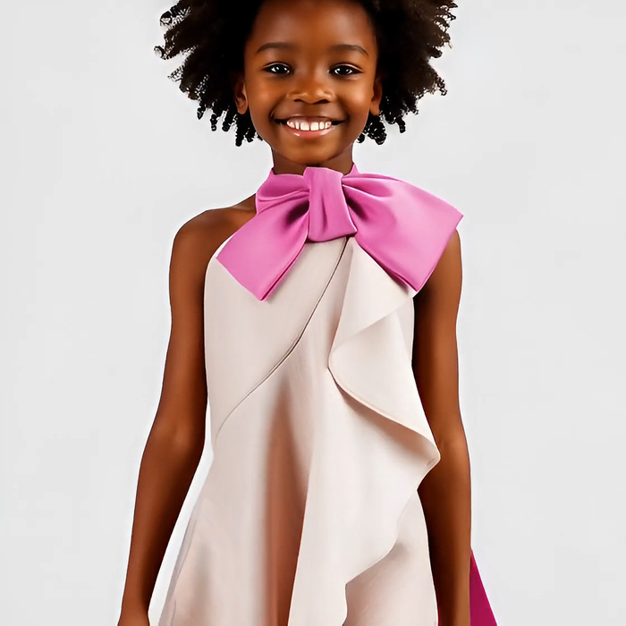 Young girl wearing a white dress with a large pink bow on a plain background