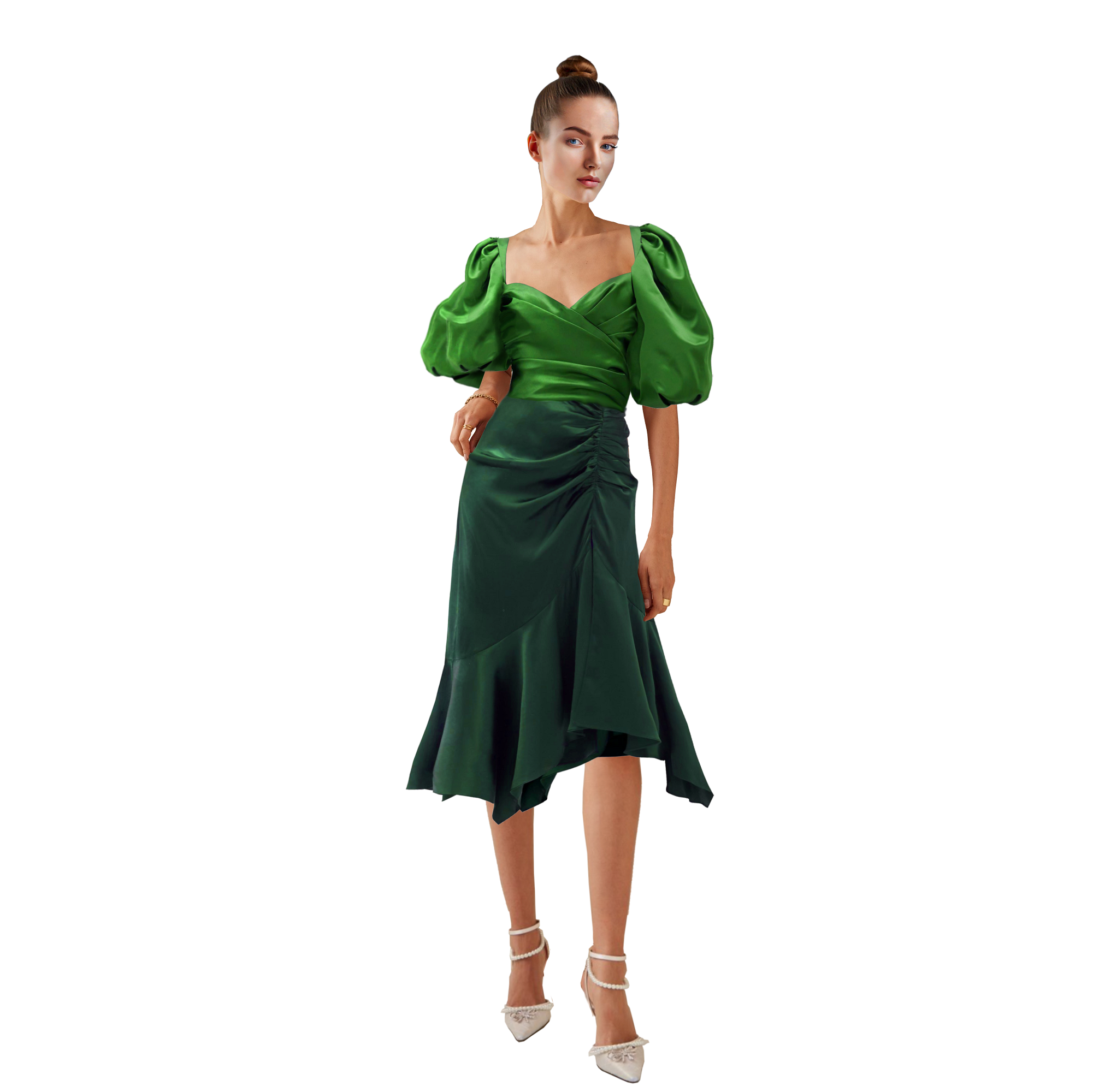 Woman wearing a green dress with puff sleeves on a white background