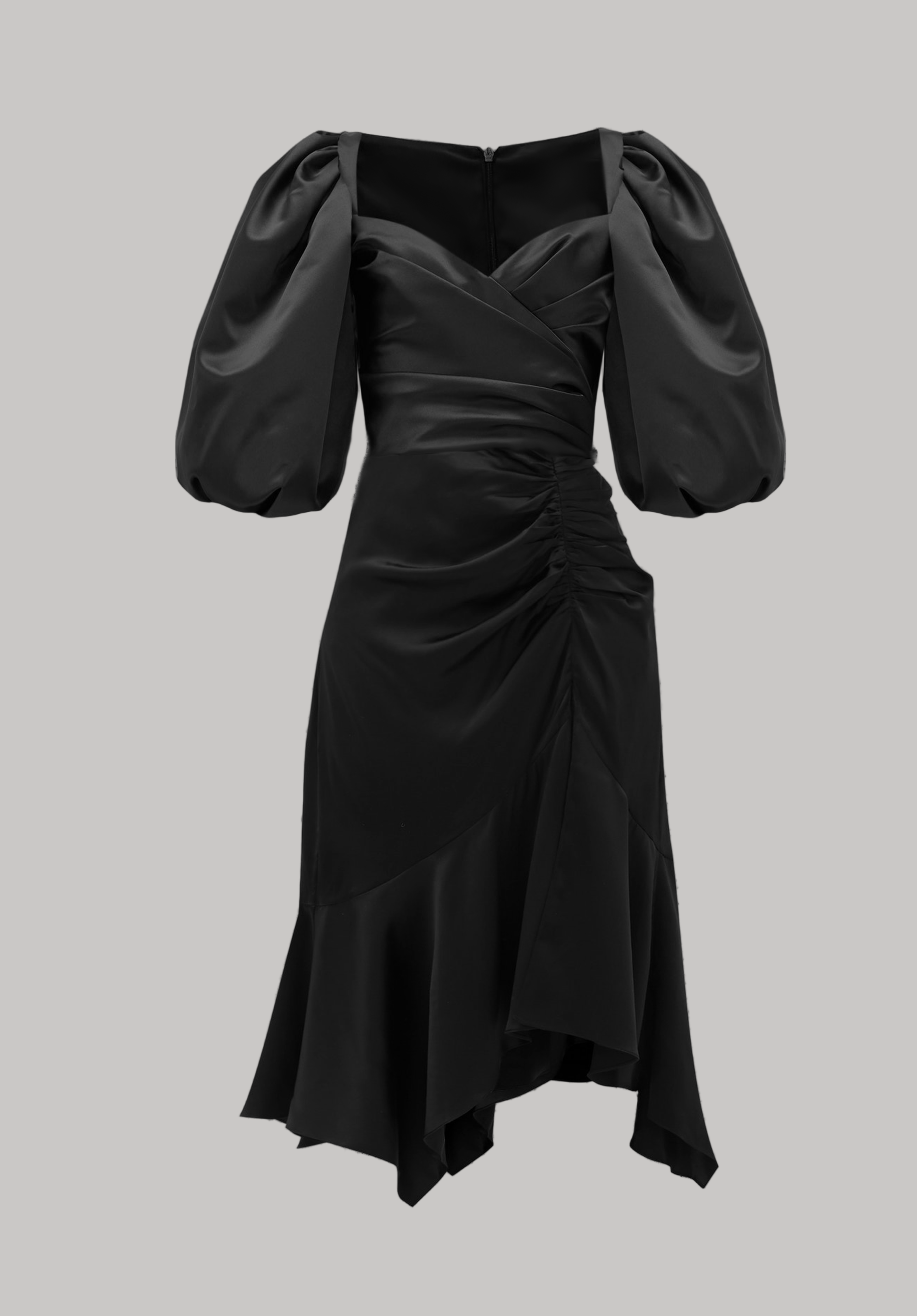 Black dress with puff sleeves on a white background