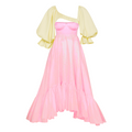 Pink dress with yellow sheer sleeves on a white background