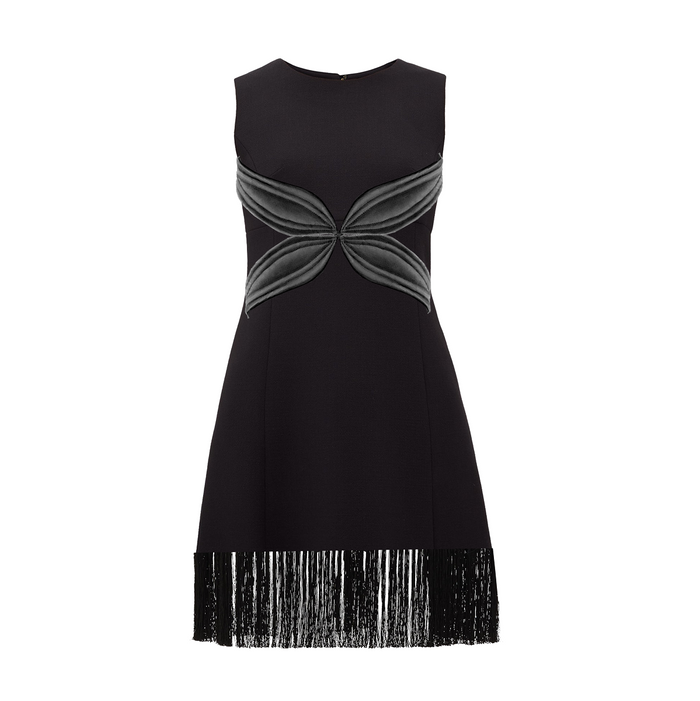 Black dress with a decorative pattern on a white background