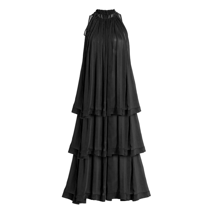 Black tiered dress on a white background
