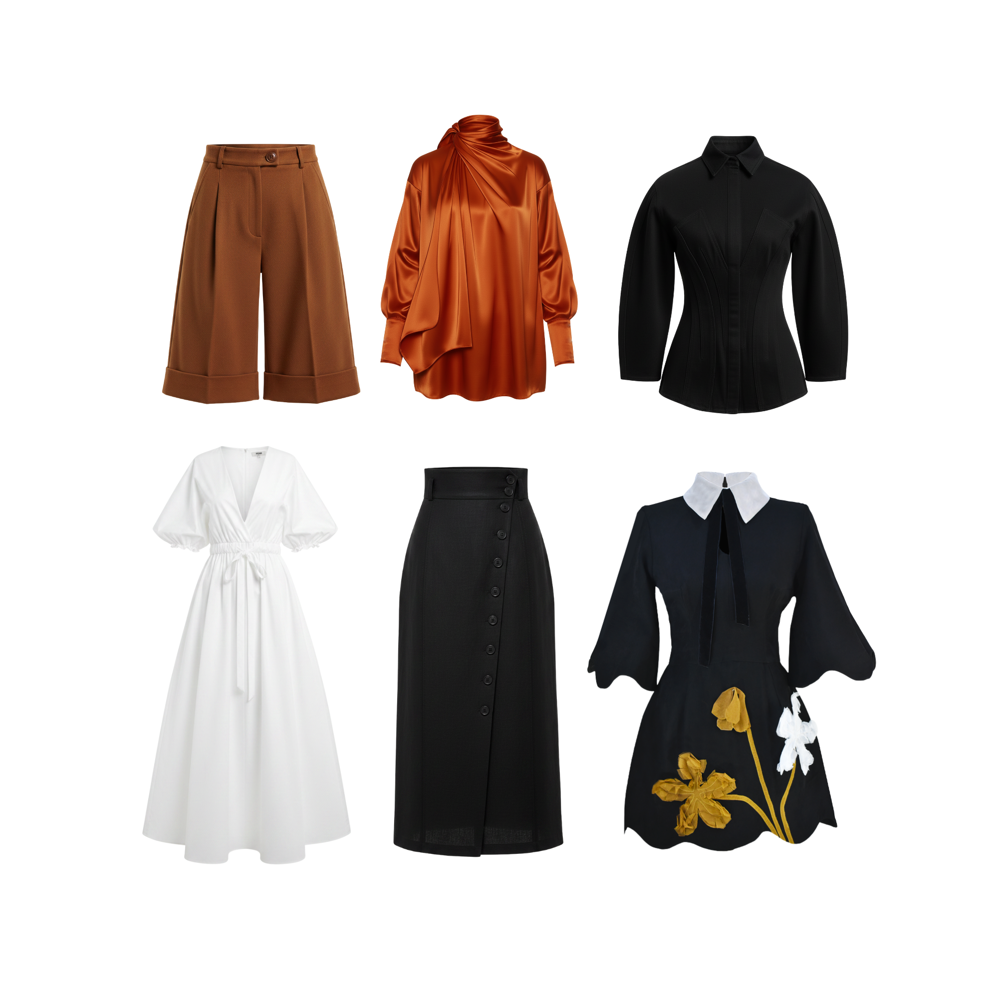 Collection of various clothing items including pants, shirts, and dresses on a white background