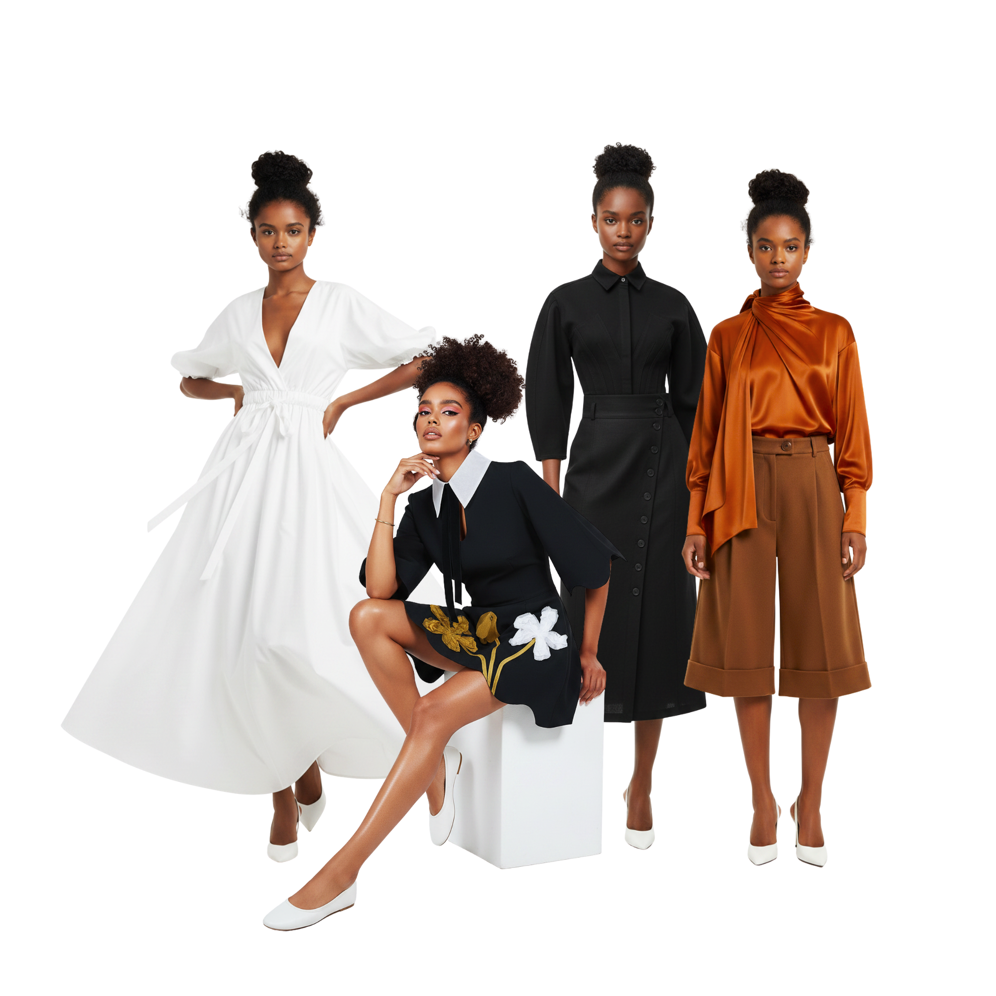 Four women in stylish outfits on a white background