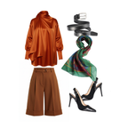 Brown outfit with high-waisted pants, orange blouse, black belt, green scarf, and black high heels on a white background.