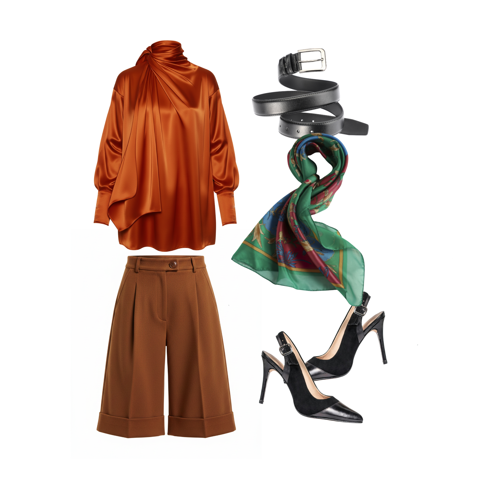 Brown outfit with high-waisted pants, orange blouse, black belt, green scarf, and black high heels on a white background.
