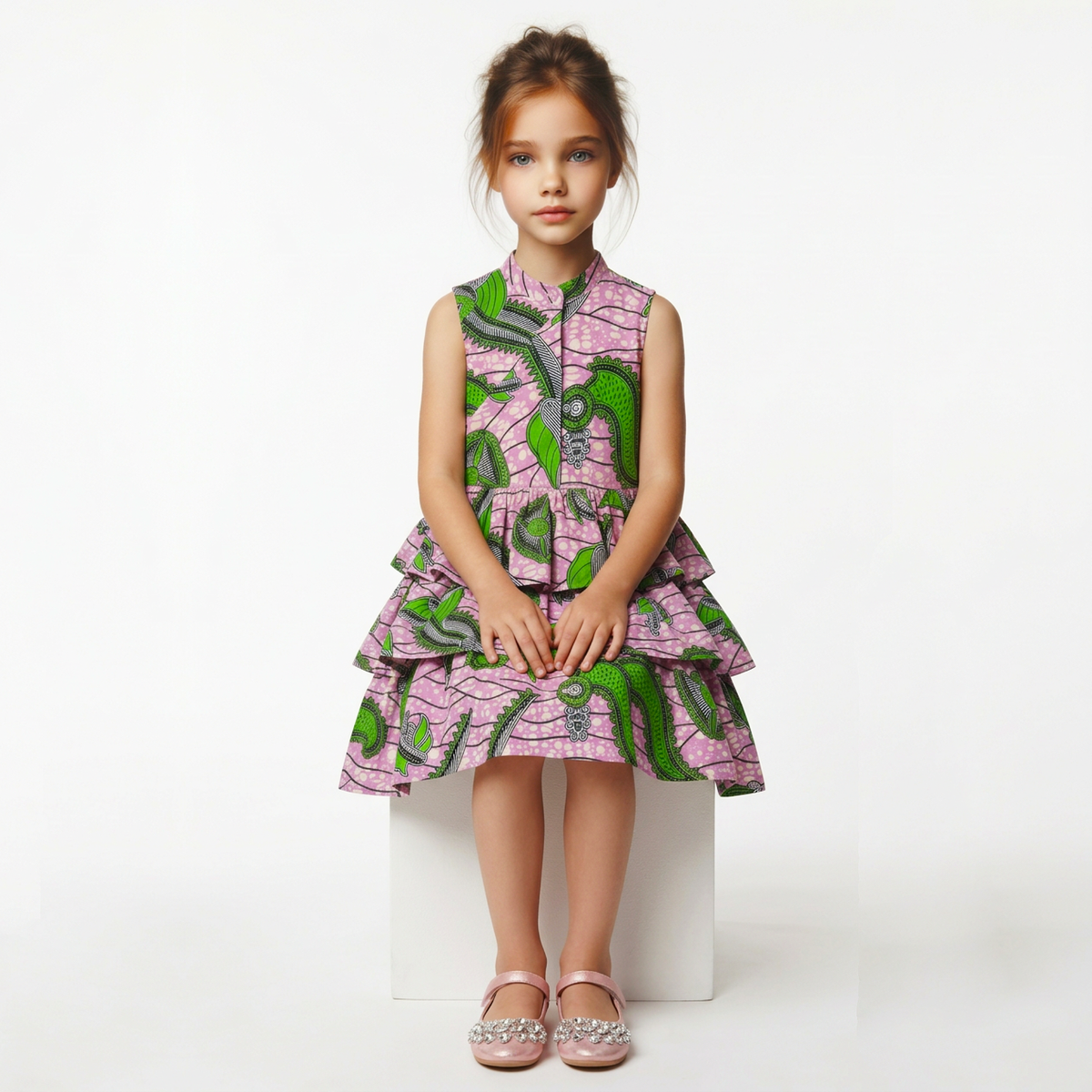 A young girl sits on a white block against a white studio background, wearing a sleeveless tiered dress with a pink and green abstract pattern and pink embellished flat sandals.