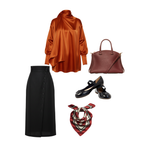 Collection of fashion items including an orange blouse, black skirt, brown handbag, black shoes, and a red and white scarf on a white background.