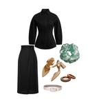 Black shirt, black skirt, green scrunchie, beige shoes, white belt, and rings on a white background