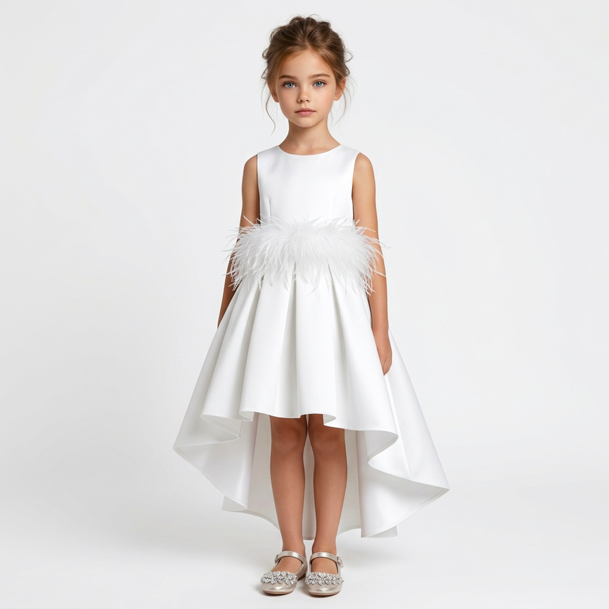 A young girl stands against a plain light gray studio background wearing a sleeveless white high-low dress with a feathered waistband and silver glittery shoes.