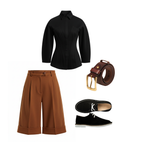 Black shirt, brown wide-leg pants, black shoes, and brown belt on a white background