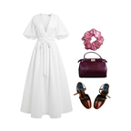 White dress, pink scrunchie, purple handbag, and brown shoes on a white background