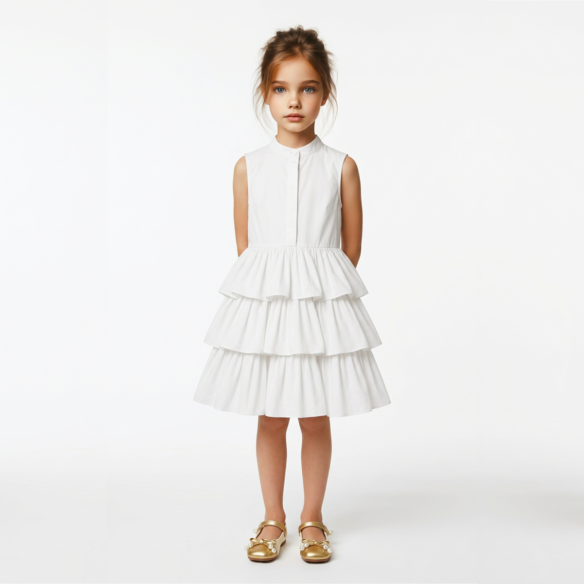 A young girl stands against a plain white studio background wearing a sleeveless white dress with a high mock neck and a tiered ruffle skirt, paired with metallic gold flat shoes.