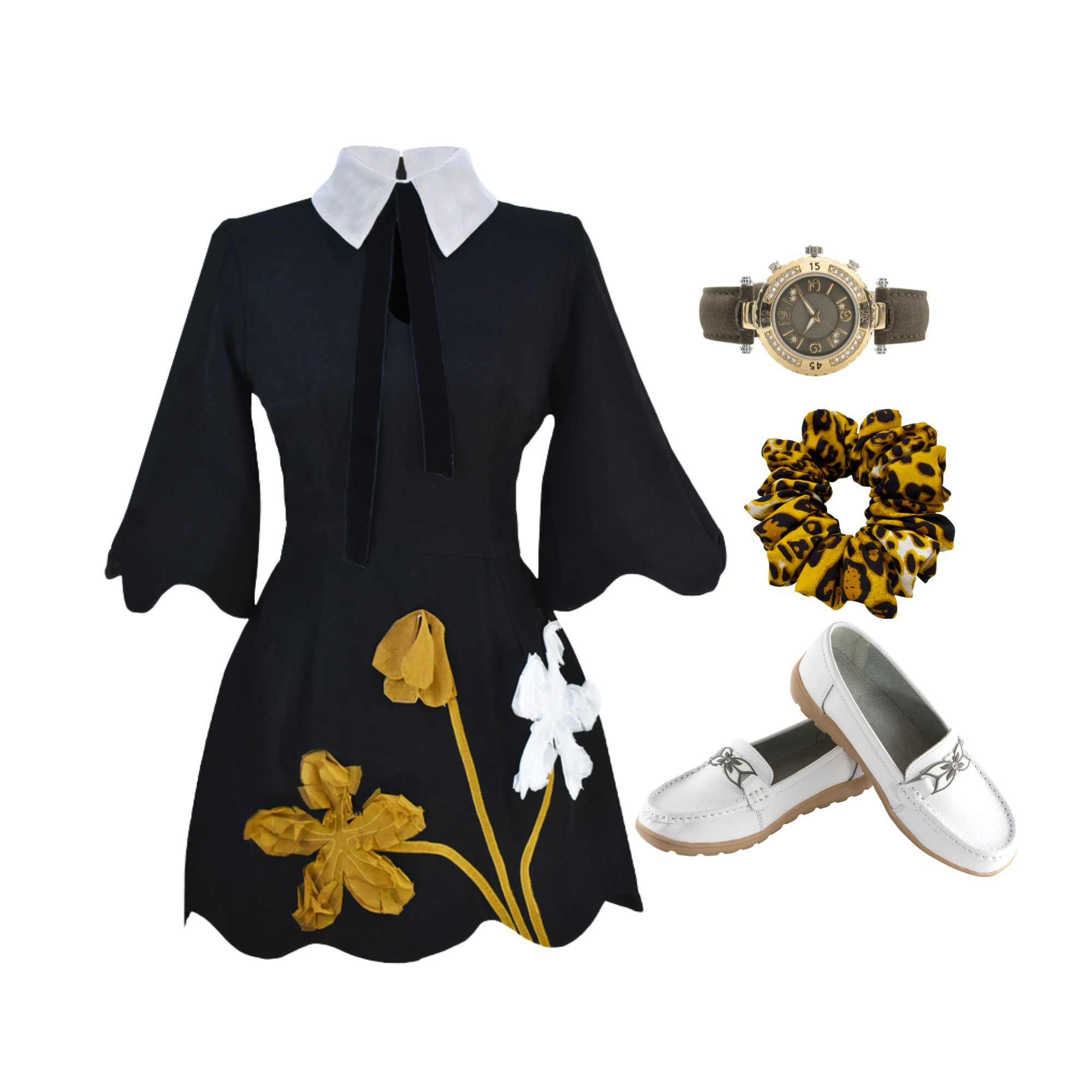 Black dress with floral designs, white shoes, watch, and scrunchie on a white background
