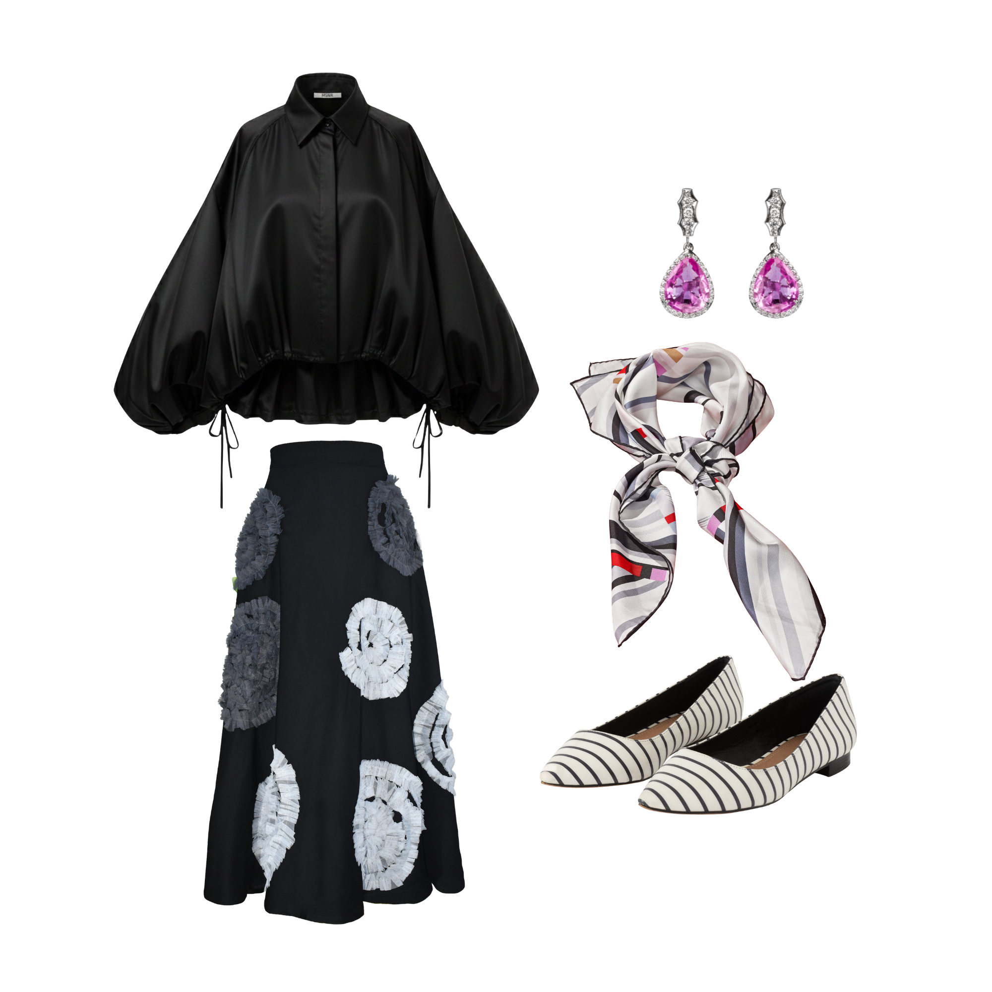 Black blouse, patterned skirt, striped flats, scarf, and earrings on a white background