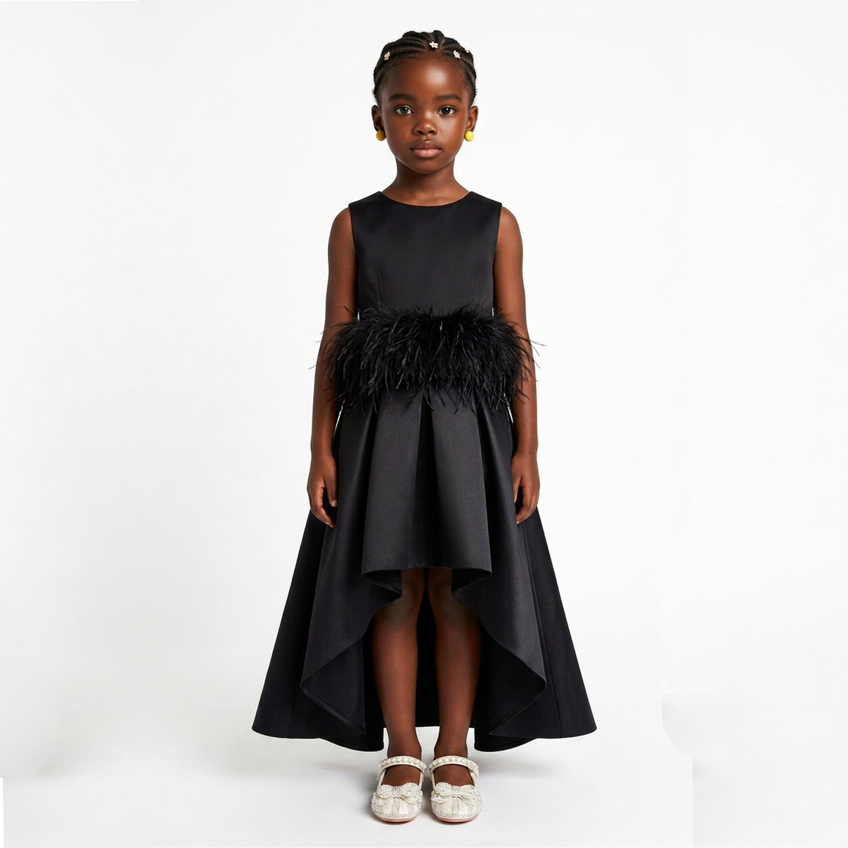 A young girl stands against a plain white studio background wearing a sleeveless black dress with a feathered waist detail and a high-low skirt, paired with white shoes.
