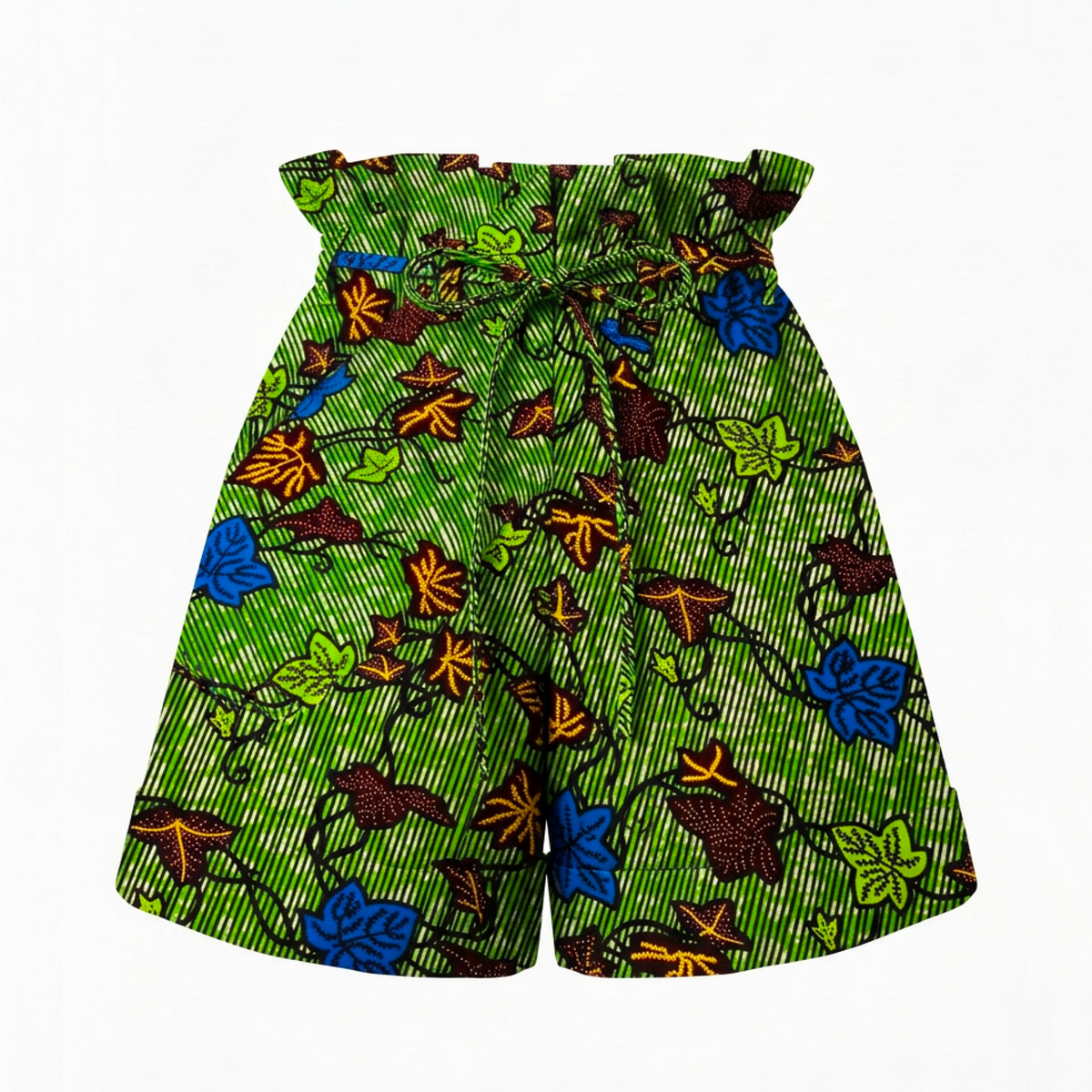 A pair of women's shorts featuring a vibrant green and black striped base with a colorful African wax print pattern of blue flowers, orange leaves, and green vines, complete with a paperbag waistband and drawstring.