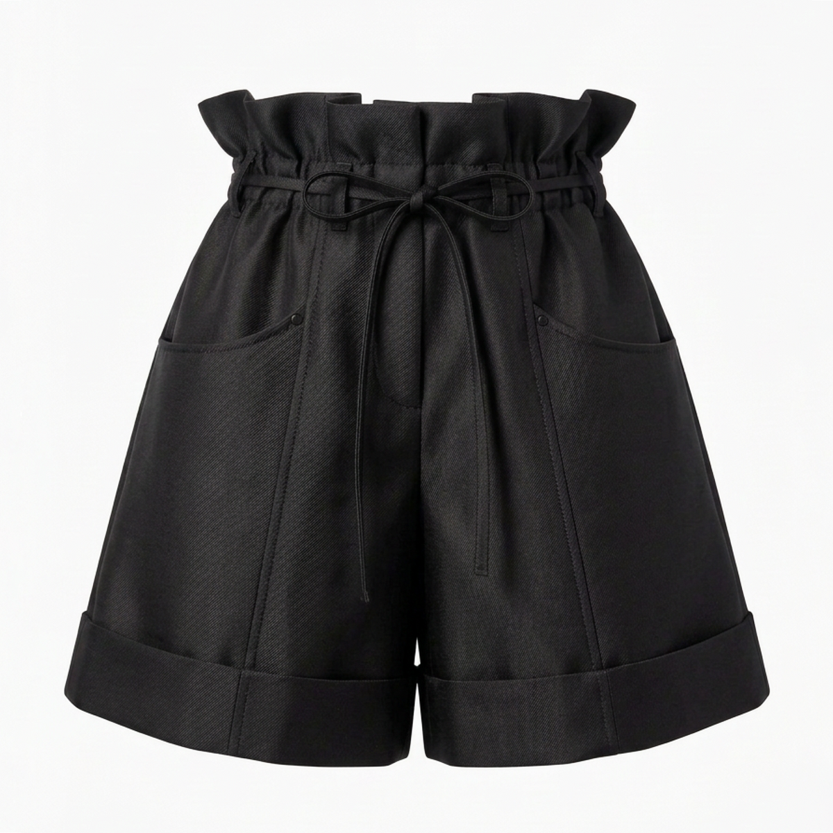 Black high-waisted shorts with a paperbag waist, drawstring tie, and front patch pockets, shown against a plain white background.