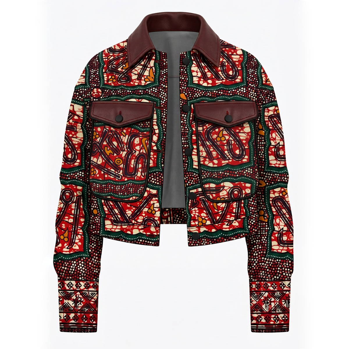 A cropped button-up jacket featuring a vibrant red, black, and green African wax print pattern, with solid dark brown flap chest pockets and a matching dark brown collar, displayed on a clean white background.