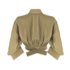 Beige cropped jacket with a tie detail on a white background