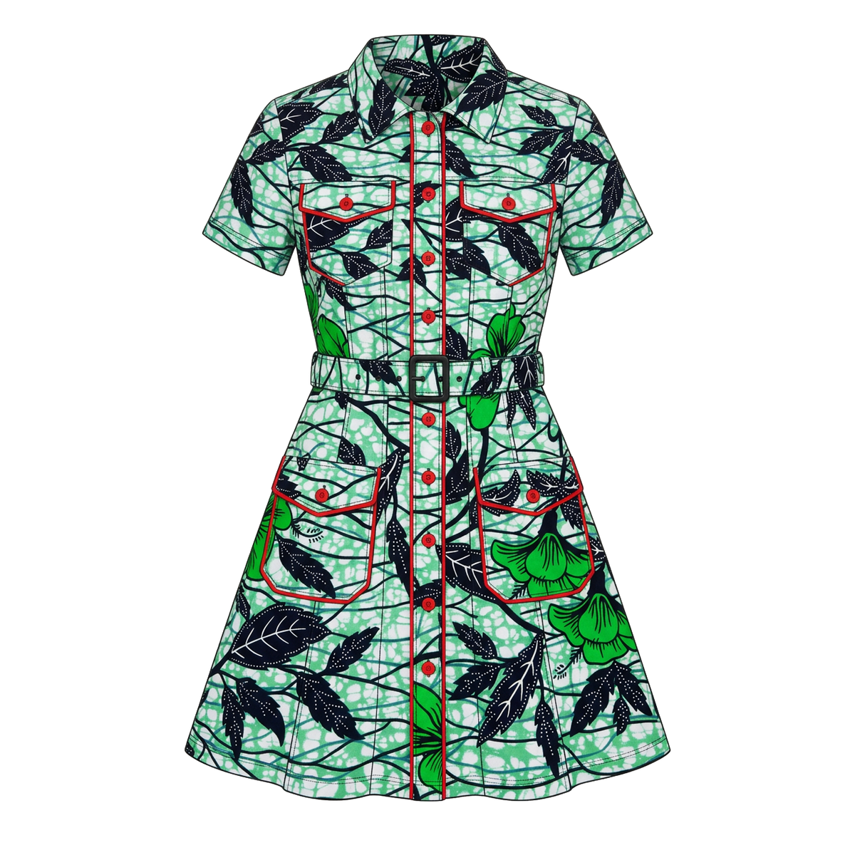 A short-sleeve collared dress with a green, black, and red abstract botanical print, featuring a button-down front, chest pockets, and a matching waist tie, shown against a plain white background.