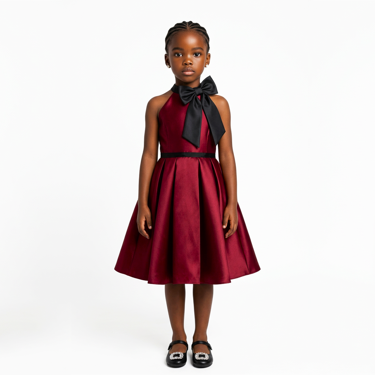 A young girl modeling a sleeveless halter midi dress in deep burgundy with a large black bow at the neckline and a matching black waistband, paired with black Mary Jane shoes, against a plain white studio background.