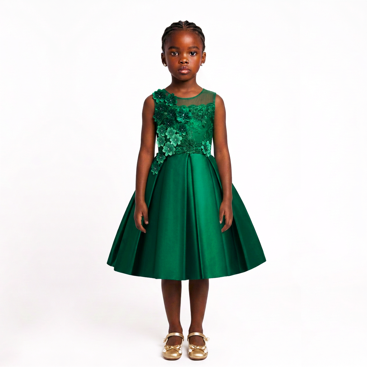 A young girl stands against a plain white studio background wearing a sleeveless emerald green dress with a sequined bodice and a full skirt, paired with metallic gold shoes.