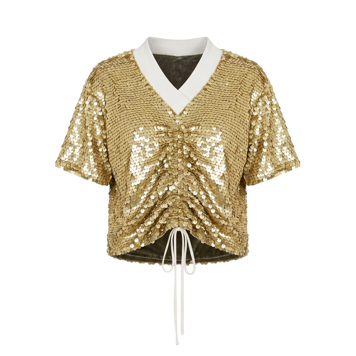 A gold sequined short-sleeve crop top with a white V-neck collar and white drawstring ties at the front hem, displayed on a clean white background.