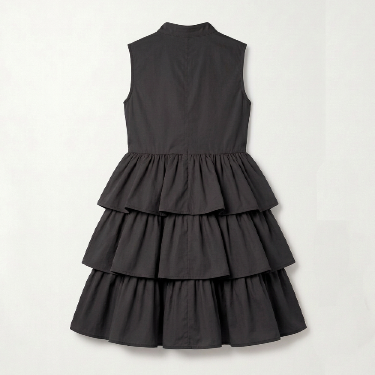A sleeveless black tiered dress with a high mock neck and a gathered waist, shown from the back against a light gray background.