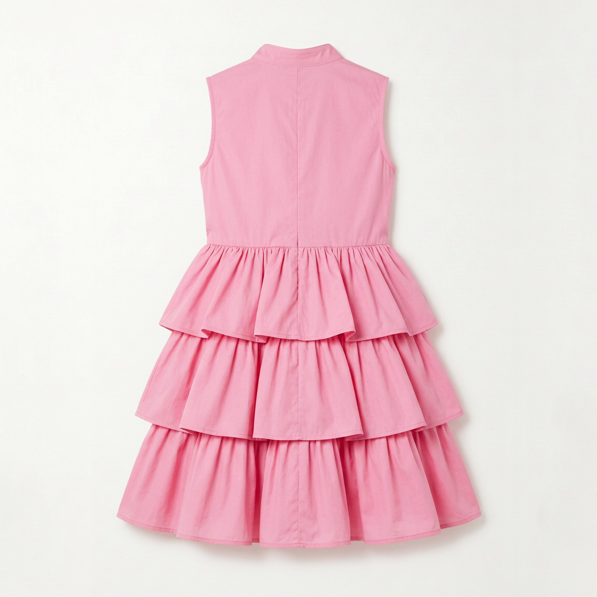 A sleeveless pink dress with a tiered ruffle skirt, shown from the back against a plain off-white background.