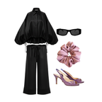 Black outfit with wide-leg pants, black sunglasses, pink scrunchie, and purple high heels on a white background