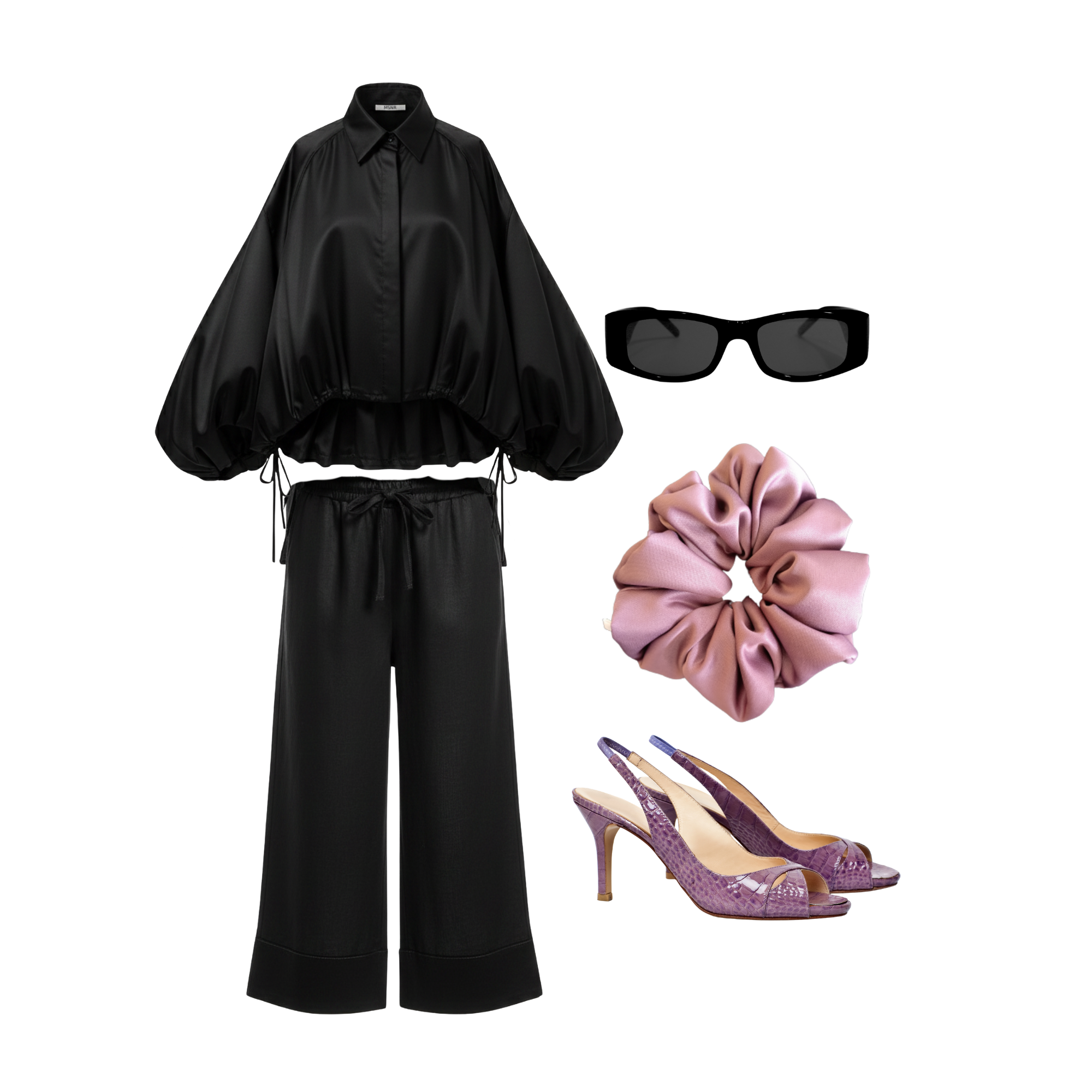 Black outfit with wide-leg pants, black sunglasses, pink scrunchie, and purple high heels on a white background