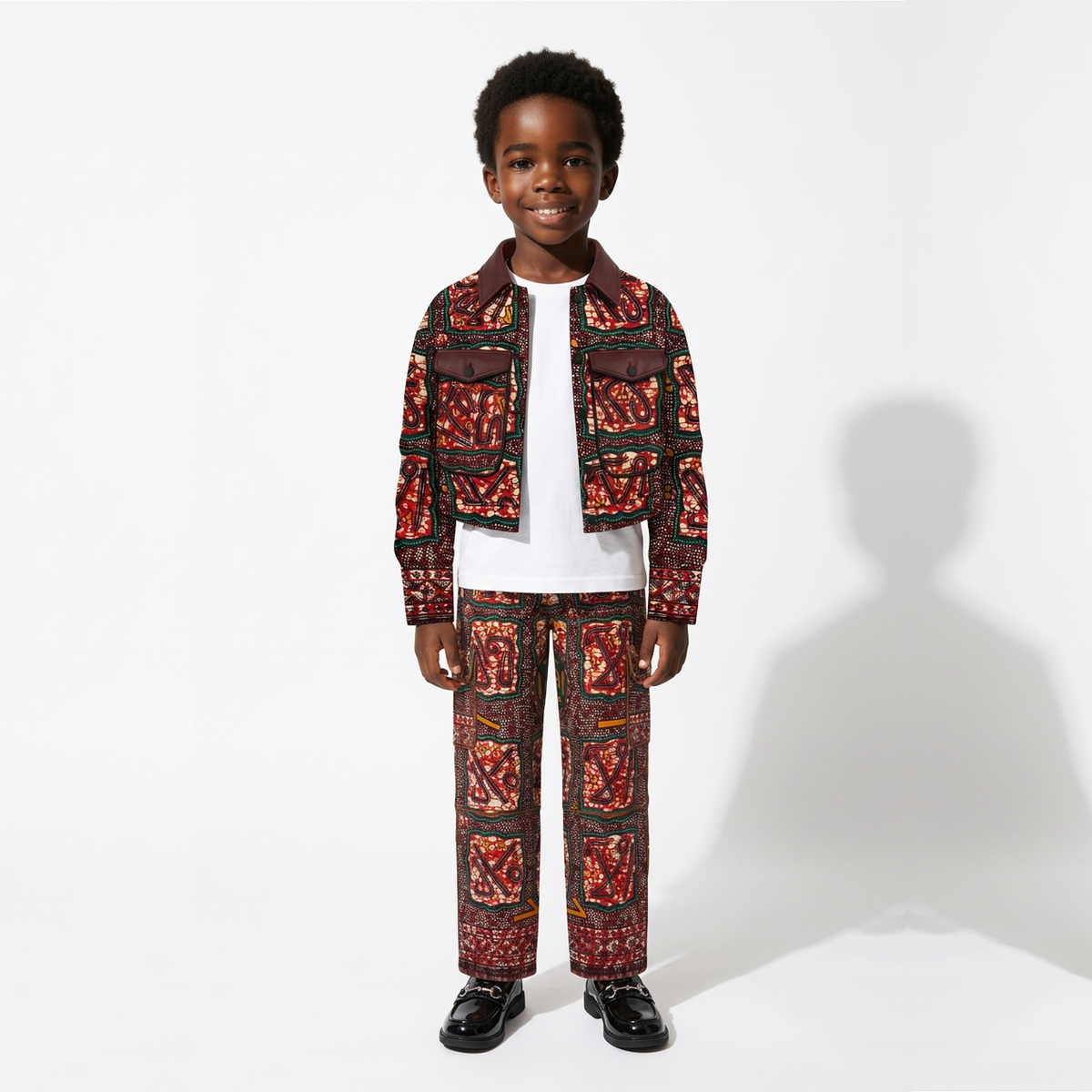 A young boy modeling a matching two-piece patterned jacket and trousers set with a white t-shirt underneath, standing against a plain white studio background.