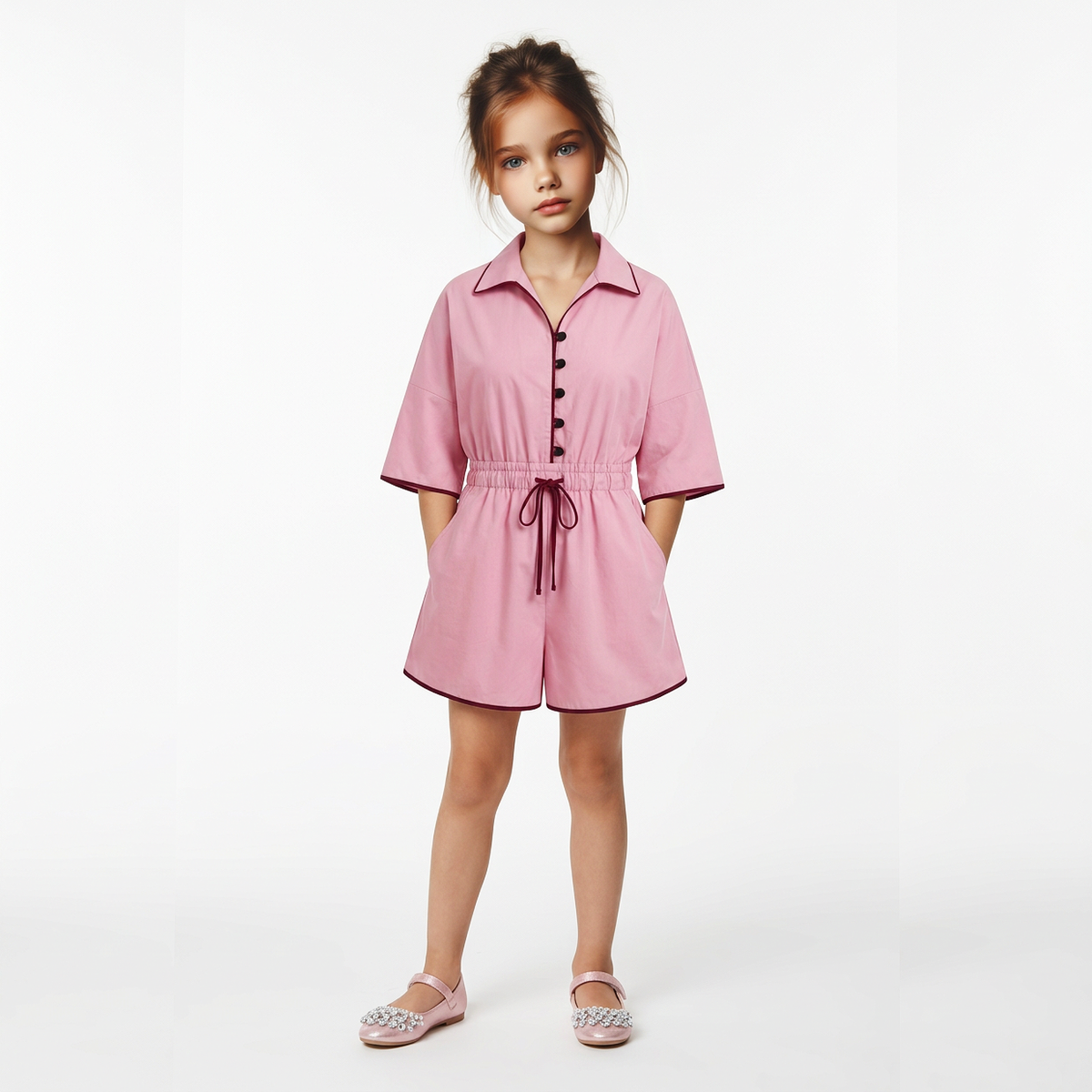 A young girl stands against a plain white studio background wearing a pink short-sleeve romper with dark trim, a pointed collar, front buttons, and a drawstring waist. She is also wearing sparkly pink flats.