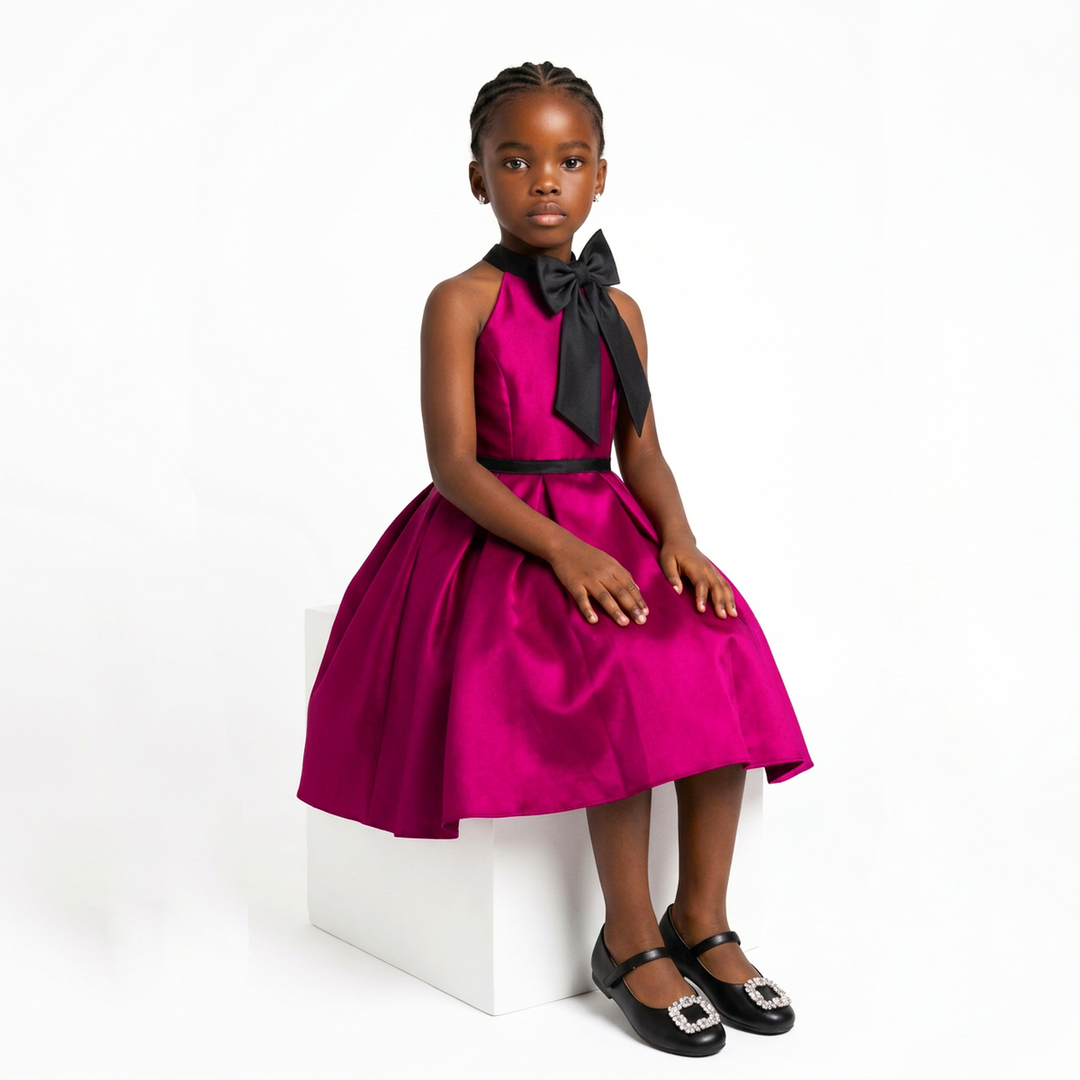 A young girl sits on a white block wearing a bright magenta pink satin dress with a black bow at the collar, a black waistband, and black flat shoes with silver buckle details, against a plain white background.